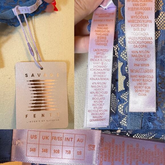 SAVAGE X FENTY Lace Unlined Bra Blue Floral Coquette NEW size 34B - Picture 4 of 5